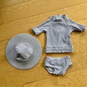 Ruffle Butts Seersucker Short Sleeve Rash Guard Bikini & Hat